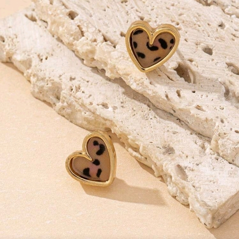 Gold Heart Leopard Print Stud Earrings